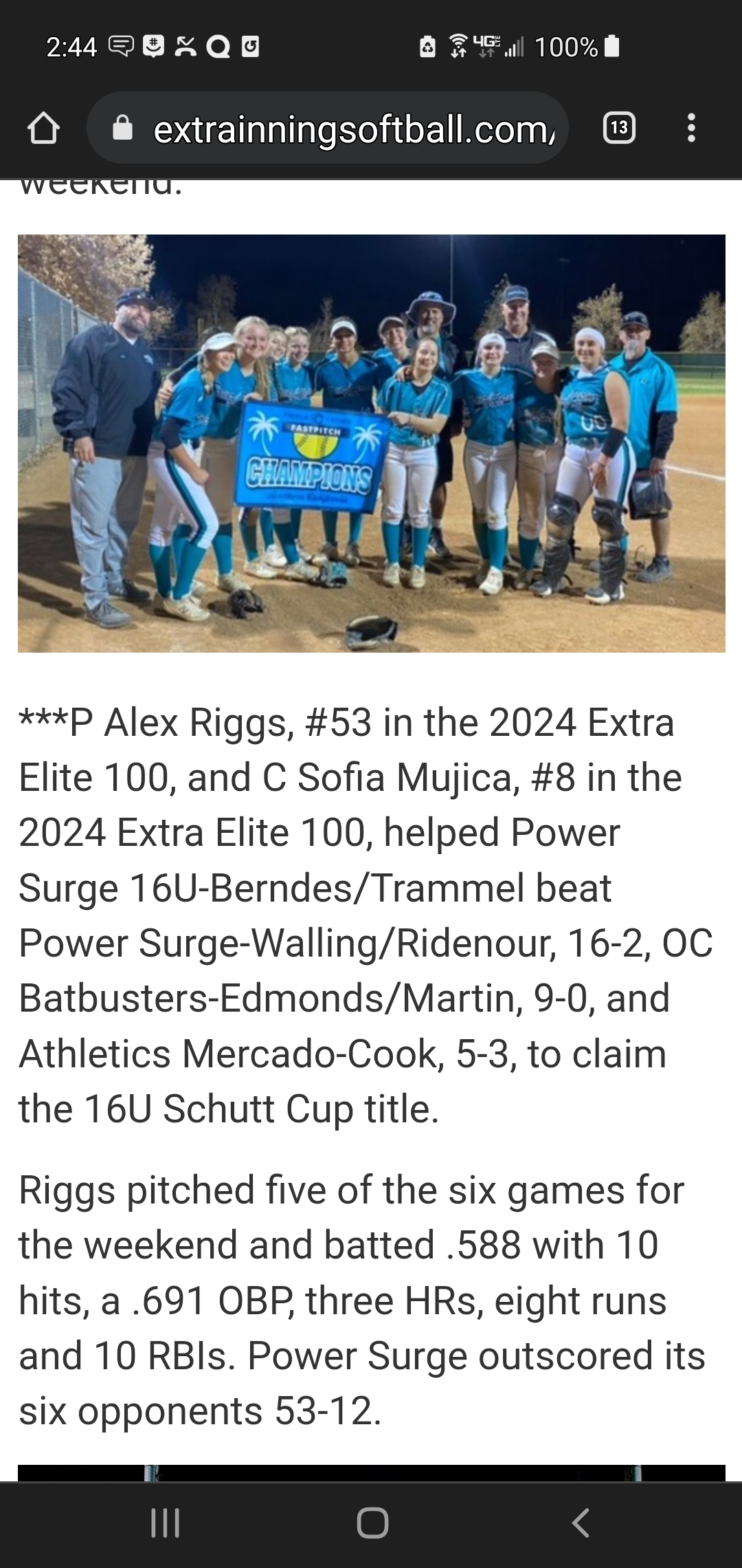 Extra Innings Magazine Article on Power Surge Berndes/ Trammell  Schutt Cup Championship 